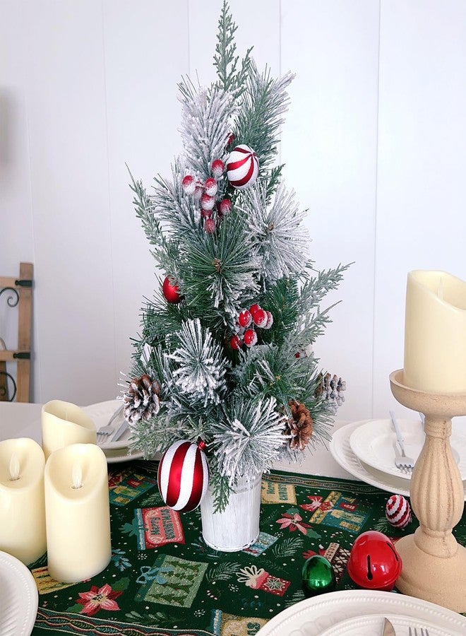 Egolot Tabletop Christmas Tree with Snow and Red White Balls for Home Decoration, Small Xmas Desk Tree for Indoor Outdoor, Red Berries Pinecone Small Tree - Image 1